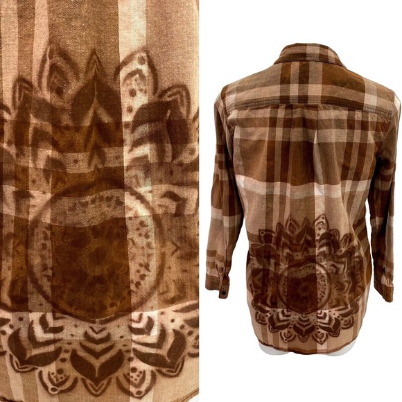 Eddie Bauer Womens Plaid Button Up Medium Upcycled Bleach Stencil Collar - Picture 1 of 11